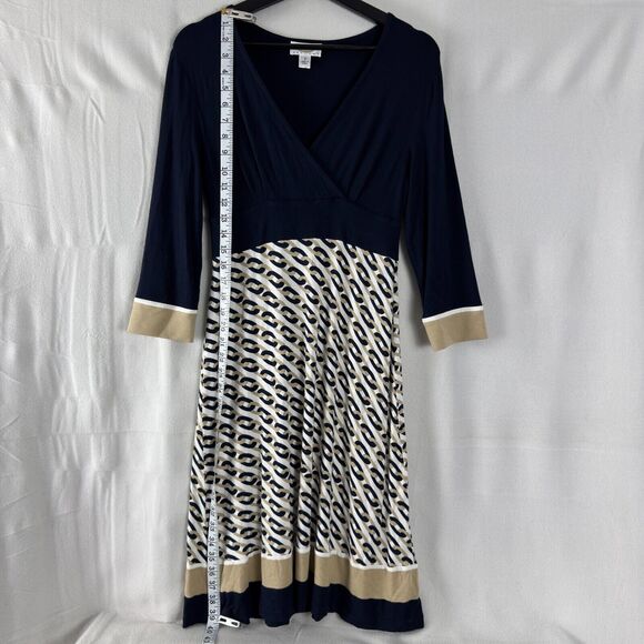 Talbots Petite Sz 2P Wrap Chain Link Print Stretch A Line Midi Dress Navy White - Picture 2 of 10